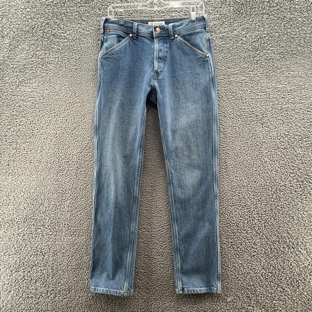 Topo Designs Jeans Mens 30X30 Blue Light Wash Button Fly Straight Leg Denim